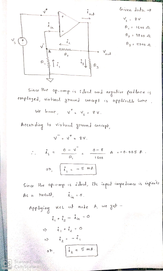 SSD Given duten → R, 2 1600 R₂ = 38002 Rp 2 5200 AM Since the op-ump is ideal and negative feedback is employed, virtual grou