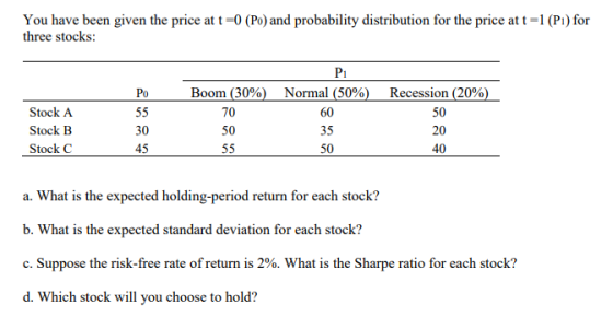 You have been given the price at t -0 (Po) and probability distribution for the price at t-1 (Pi) for three stocks Pi Boom (3