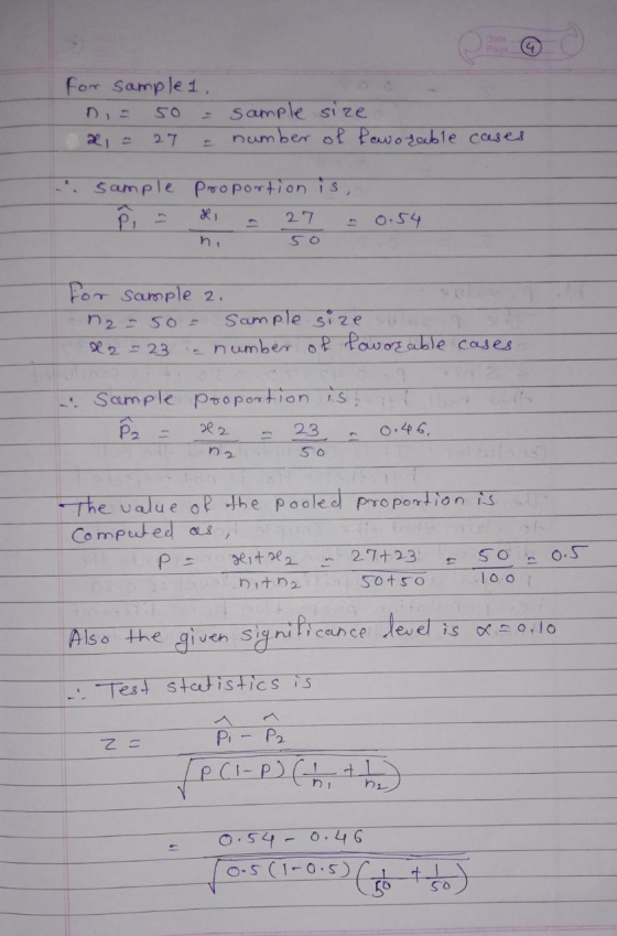 Pada For sample 1. sample size number of favorable cases 21 27 sample Proportion is 27 50 0.54 for sample 2. 12-so- Sample si