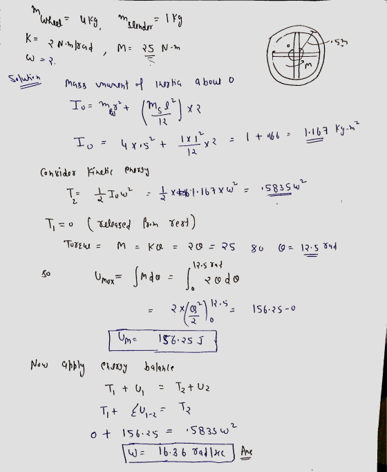 m wheel- uky, K=? Nimloud 1kg Ilender .5mm W=3. M: 25 Nom T Solution massa manent of thestia about o To- mynt (most) x ? 1 +