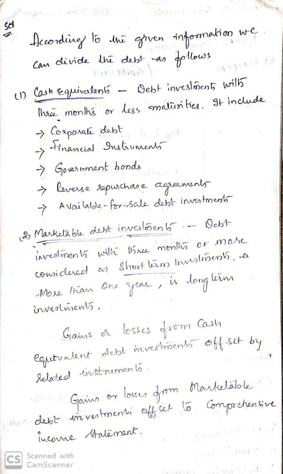 mwe According to the given info can divide the debt as follows (1) Cash Equivalená - Delst investments will Three months or l