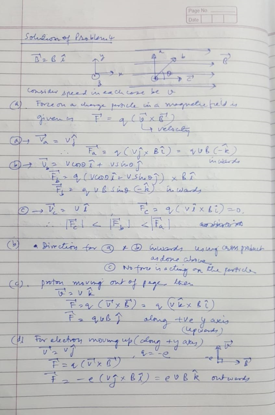 Page No Date Solution of Problemy consider speed in each case be o Force on a charge persicle in a magnetic field is o inward