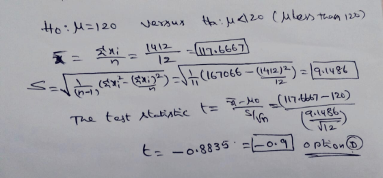 Ho: M=120 versux Ha: M4120 Culess than 120) ni = 1412 - 02.6667) Sa-, ***** **:23) -\.(167066 – (1412)2) = 19.1481 The test s