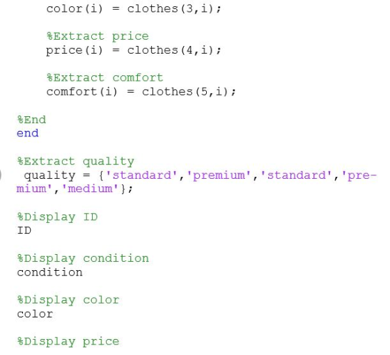 color (i) clothes (3,i); %Extract price (i) price = clothes (4,i); %Extract comfort comfort (i) clothes (5,i); %End end %Extr