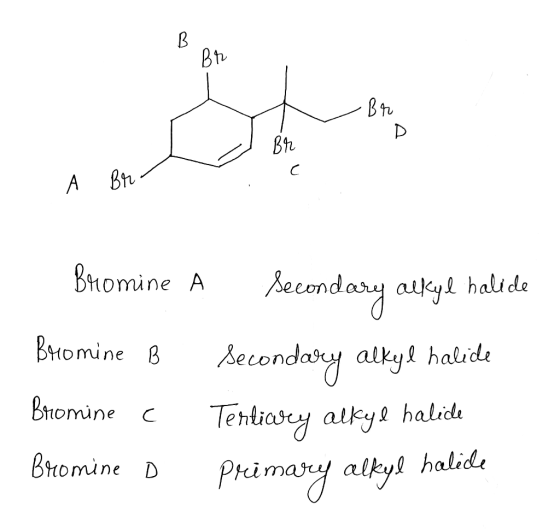 B Btr Btr D Br A Br Bromine A Aecondary atky halds Bromine B Secondary alkyl halide Bromine c Tentiasy alkye halide Bromine D