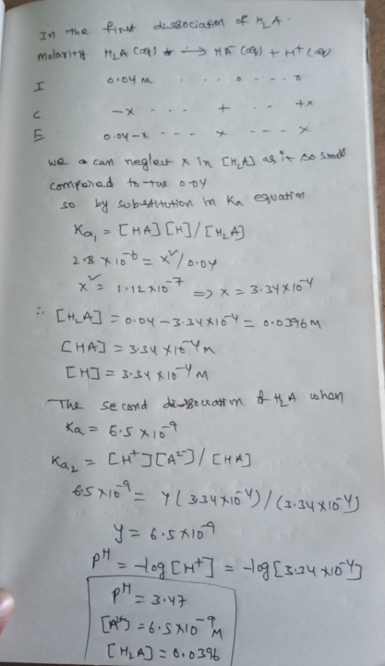 Hval In the first dissociation of HLA. molarity H₂A Cool Ha coop) +ht cao oroum . .. .--. -x . . . + - ++ 0.04-x - - x - - x