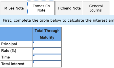 Tomas Co General H Cheng Note M Lee Note Note Journal First, complete the table below to calculate the interest am Total Thro