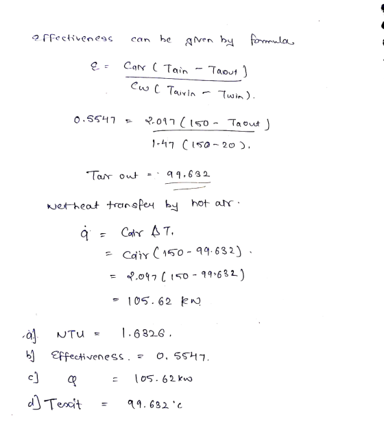 Orfectiveness can be given by formula { Car ( Tain Talout Cw C Tairin Twin). 0.5547 2-097 (150 - Taout ) 1249 (150-20). Tar o