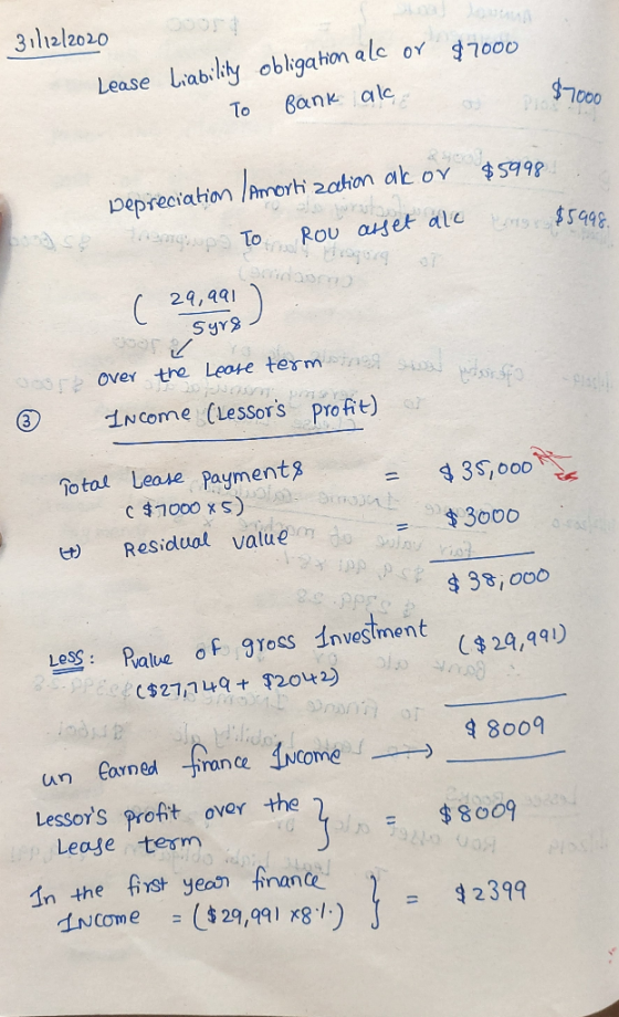 $7000 31/12/2020 Lease Liability obligation alc or To Bank al $7000 Depreciation Amortization ank or $5998 here To ROU arset