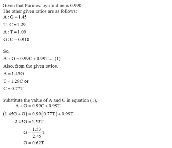 Given that Purines: pyrimidine is 0.990. The other given ratios are as follows: A:G=1.45 T:C=1.29 A:T=1.09 G:C=0.910 So, A+G=