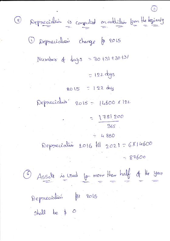 6 Depreciation is computed on addition from the beginnig - ④ Depreciation charge for 2015 Number of days = 30 +31 +30 +31 =12