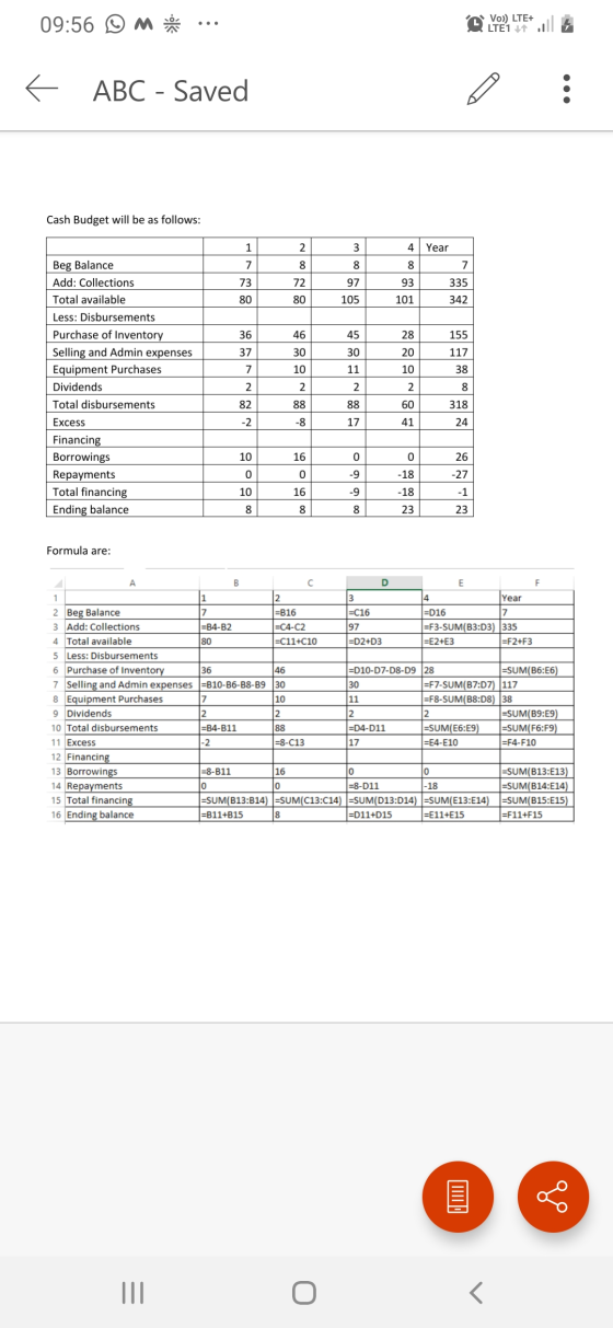 09:56 Ⓡ M ... Vo)) LTE+ L E ABC - Saved Cash Budget will be as follows: Year 2 3 88 97 80 4 8 93 101 72 335 105 342 45 28 155