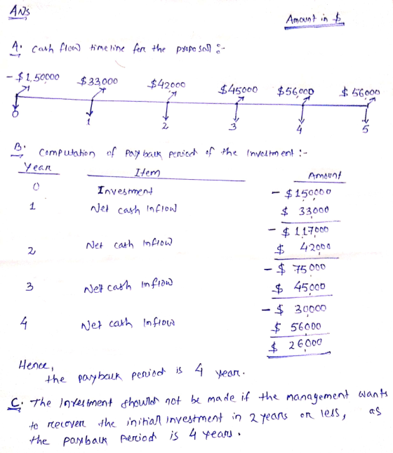 ANS Amount in & - A. cash flow time line for the proposal 8- 1,500 33,000 $42000 445000 $56000 $ 56000 2 Computation of pory