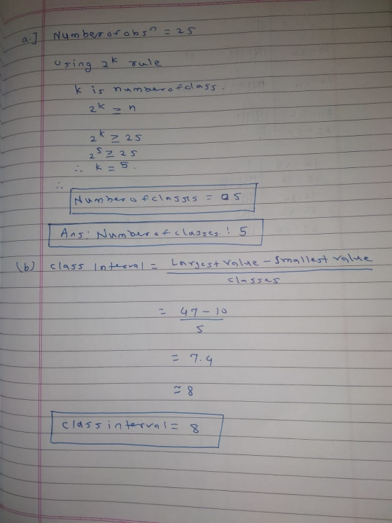 Number of obsn = 25 using ak rule k is number ofclass. akan akas 25zas Number of class=os Ans: Number of classes ! 5 (6) clas