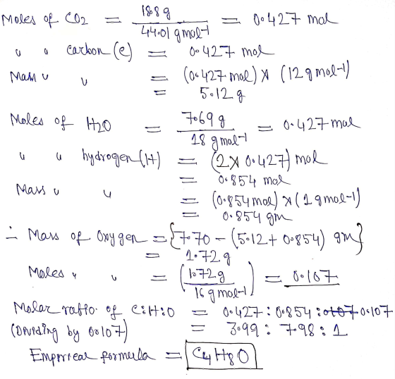 44.01gmolt Moles of CO2 = 1899 = 00427 mal o a carbon (e) = 0.427 mol mamu u = (00427 mol) x (12 g mol-ll = 5:129 Moles of H2