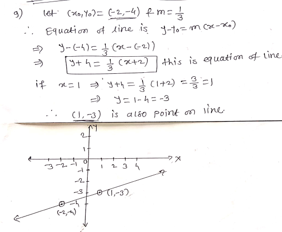 g ) let (2o, 7o)= (-2,-4) fm = 1/3 .. Equation of line is Y-70 = m Cae-360) y-6-9 = (32-627) yth= 13 (x+2) this is equation o