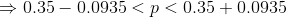 \Rightarrow 0.35-0.0935< p< 0.35+0.0935