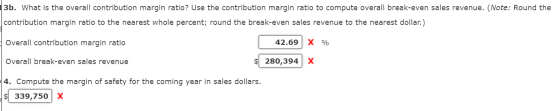 3b. What is the overall contribution margin ratio? Use the contribution margin ratio to compute overall break-even sales reve