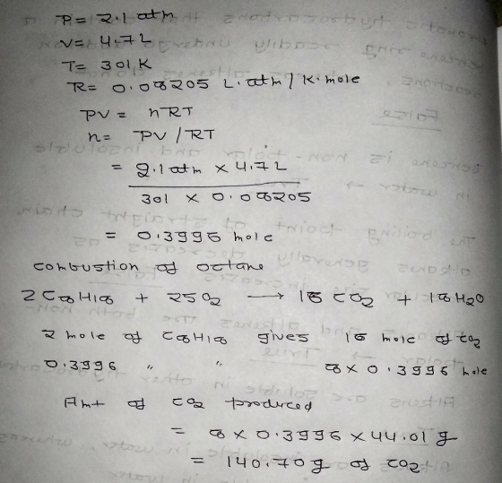 gro anito P-211 at mit rotro tortur V=4.72 retro ulitoor T= 301K R= 0.00205 liat m/ k. mole PV = nRT n= PVIRT = 2.1 atm x 4.7