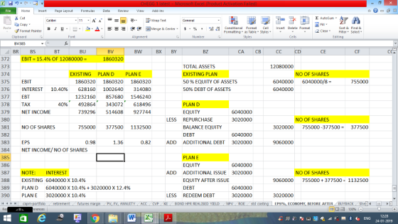 Home nert Page Layout Formulas Data Review View dd-Ins Wrap Text A General Copy チFormat Painter B l U. ㄧ˙ タ.Δ. -=- 還便困Merge & Center. $,%,,Ma conditional Format Cell Insert Delete Format Conditional Format hal ins. Dre Format ,AutoSum Paste Formatting, as Table w styles. Styles 2 ClearFe Select Edting ▼ ㆆ ▼ Clipboard Font er BV385 BR BS BT BU BX BY BZ CA CB CC CD CF 1860320 372 EBIT-15.4% OF 12080000- 373 374 375 EBIT TOTAL ASSETS EXISTING PLAN 50 % EQUITY OF ASSETS 5096 DEBT OF ASSETS 12080000 EXISTING PLAND PLAN E NO OF SHARES 0400006040000/8- 6040000 18603201860320 1860320 INTEREST 10.40% 6281601002640 314080 1232160 857680 1546240 40% 492864 343072 618496 739296 514608 927744 755000 377 EBT 378TAX 379 NET INCOME 380 381 NO OF SHARES 382 383 EPS 384 NET INCOME/NO OF SHARES 385 386 387 NOTE: INTEREST 388 389 PLAN D 6040000 x 10.4% + 3020000 x 12.4% 390 PLAN E 3020000 X 10.4% 11 1 rị capm-portfolio retirement futures PLAN D EQUITY LESS REPURCHASE 6040000 3020000 NO OF SHARES BALANCE EQUITY DEBT 755000 3775001132500 3020000 755000 -377500- 377500 6040000 0.98.360.82 ADD ADDITIONAL DEBT 3020000 9060000 PLAN E EQUITY 6040000 ADD ADDITIONAL ISSUE 3020000 NO OF SHARES EXISTING 6040000 X 10.4% 6755000377500 1132500 EQUITY AFTER ISSUE DEBT 6040000 3020000 LESS REDEEM DEBT 3020000 margr PL FV, ANNUITY ACC CVP KE BOND HPR REALİSED YIELD NPL ROE s d costing EPS%, ECONOMY, BEFORE AFTER BUYBACK Sh e 4 1