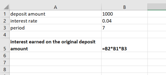 А В 1 deposit amount 2 interest rate 1000 0.04 3 period 7 4 interest earned on the original deposit -B2*B1*B3 5 amount 7 8