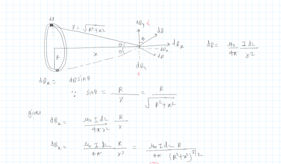 dB= AB x Mo 4* I dL x2 dBez dosino sino = x2 gives dB = Mo I d2 R 4082 up I du 4 * Mo IdLR 4h (R² + x2 7 3/2 4*