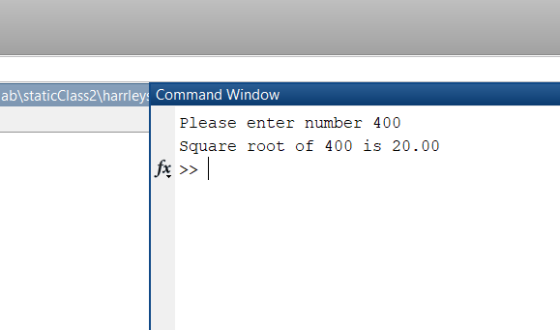 ablstaticClass2 harrleys Command Window Please enter number 400 Square root of 400 is 20.00
