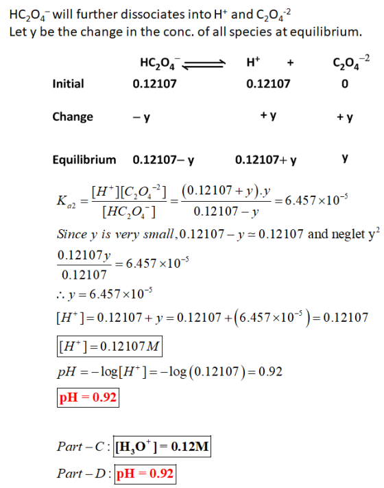 HC,04 will further dissociates into H+ and C,0,2 Let y be the change in the conc. of all species at equilibrium. CC HC2O4 0.1