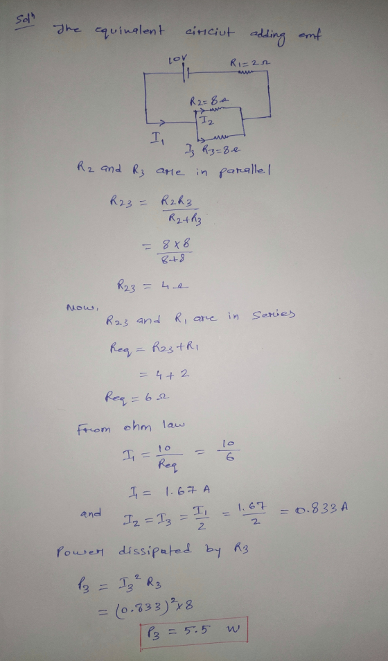 Soh The equinalent circiut adding enf lor Ri=22 R2=8.0 Iz I, 3 k3=8e R2 and R3 are in parallel R23 R2h3 R2 the - 8x8 848 R23