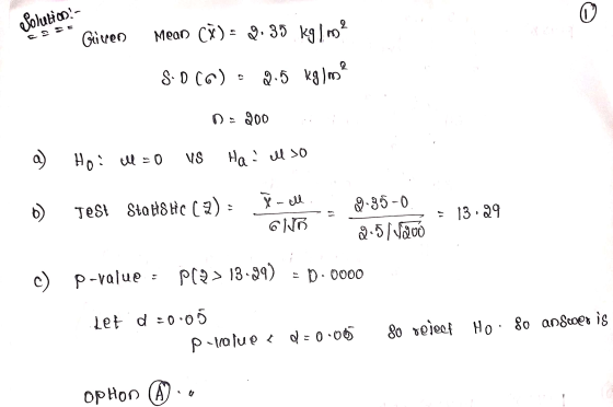 Solution Given Mean C) = 0.35 kg I mo? Q 8.0(6) 2.5 kg/m D: 200 a Hoi M = 0 VS Ha i all so q-all Test StaHS Hic (2) = 9.35-0