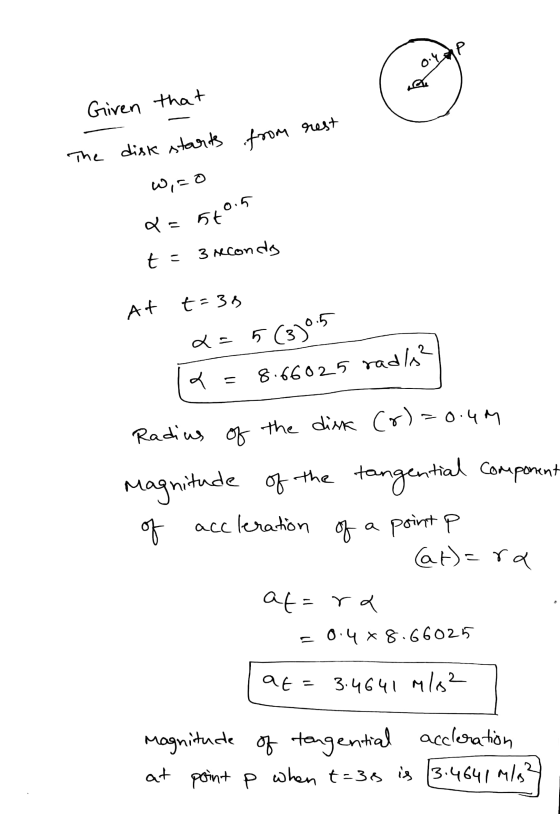 IP Given that M rest from starts The disk w, o Q = 540.5 ४ - t = 3 seconds At t=35 a=5 5 (3)0.5 2 = 8.66025 rad/? Radius of t