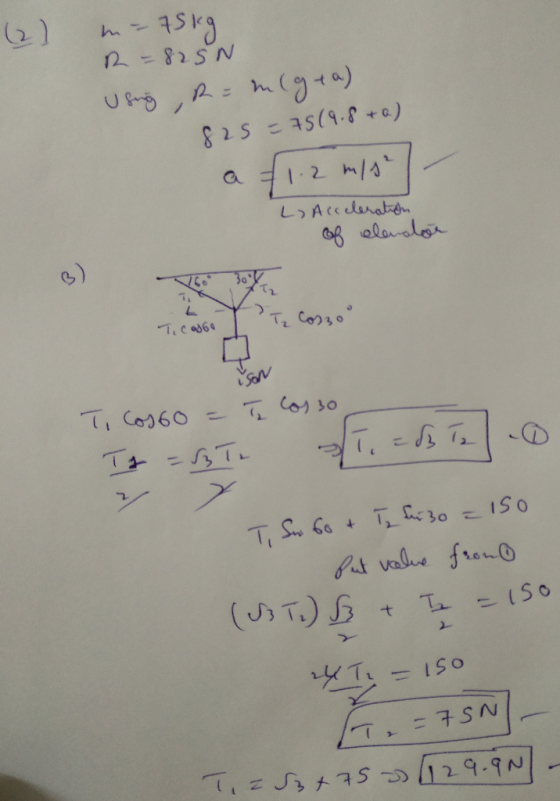 (2) in-75kg R-825N Using, R = megta) 825 - 75(9.8+) a 1.2 m/s² Ly Acceleration of elendor ) (3 Ticasso I Tz Cossou To Cosso