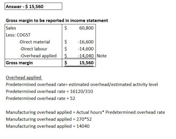 Answer - $ 15,560 Gross margin to be reported in income statement Sales $ 60,800 Less: COGST -Direct material $ -16,600 - Dir