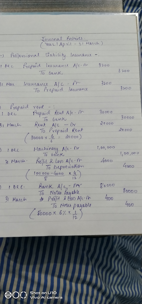 Journal Entries. ( Year I April - 31 March) . Professional liability Insurance - I bec Prepaid Insurance Aleom 3200 To bank 3