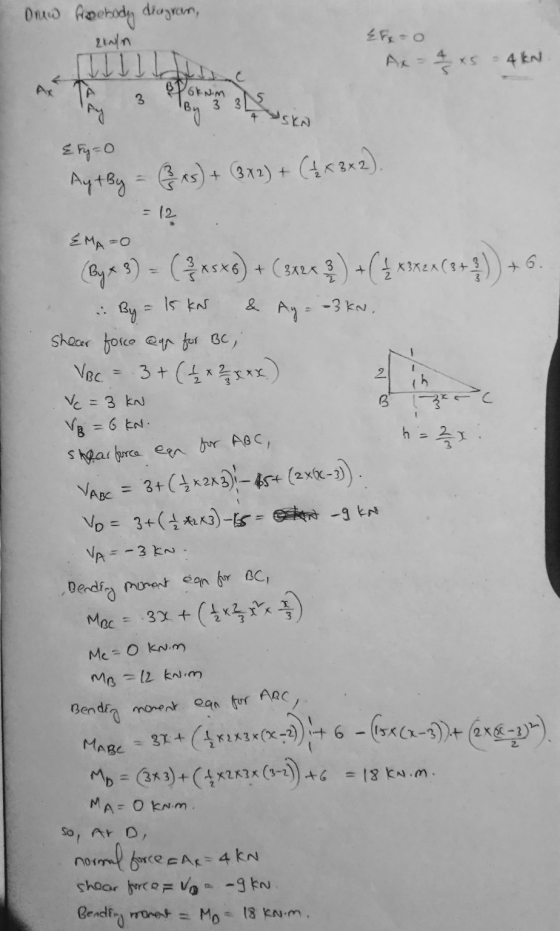 Duo fperody diagram, EEN {Exo x = 4 x 4 kN { ty=0 Ay + By = ( xs) + 3X2) + ( + < 3x2). = 12 EMATO By x 3) = (3x5x8) + (322x )