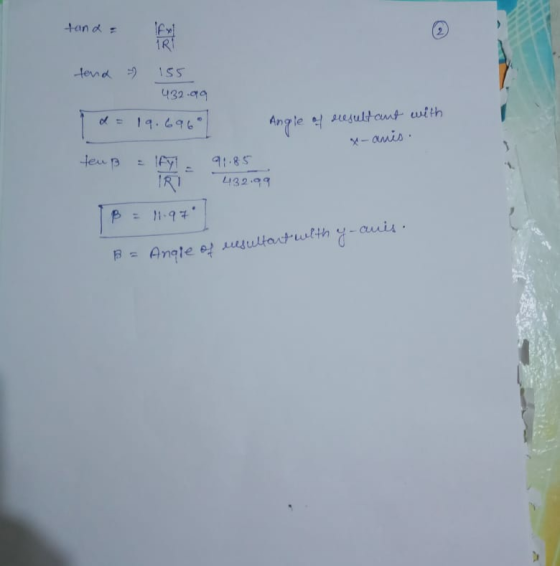 tand tend = 155 432.019 I d = 19.696° Angle of resultant with - amis. Heup = 1fyl - 91.85 432.99 B = 11.97 B = Angle of resul