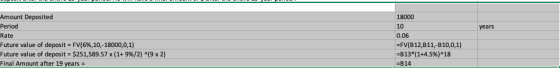 Amount Deposited Period Rate Future value of deposit = FV(6%,10,-18000,0,1) Future value of deposit = $251,589.57 x (1+ 9%/2)