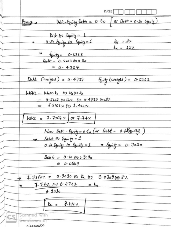 DATE Answer or Debt = 0.go equity) Debt-Equity Ratio = 0.90 Debt Go Equity = 1 0. 9o Equity to Equity = 1 Equity = 0.5263 kg