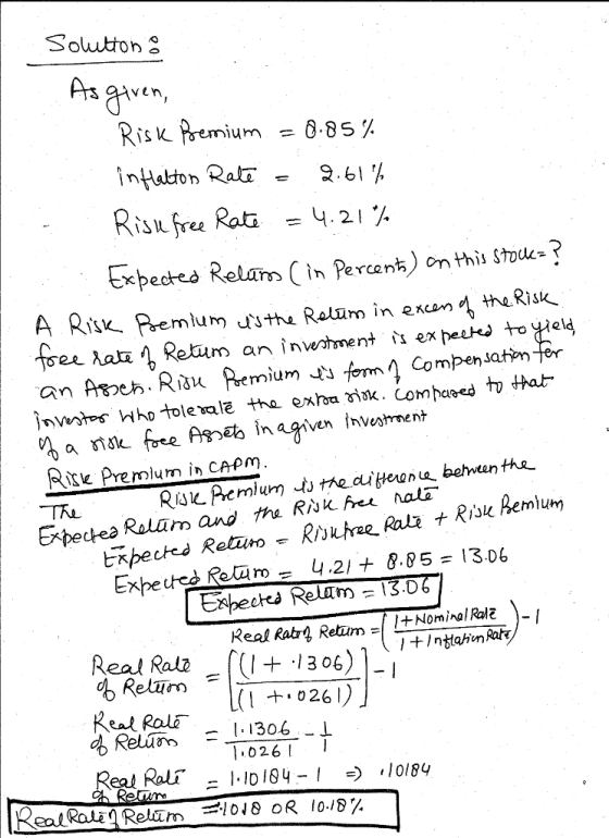 Soluton As gtren, Ris K&emu m =0.85% inHatton Rat, 2.61 % Risu free Rali 4.21 % Expectes Rela (in Percenh) on this Stoue-? Rr