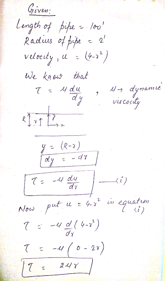 Given: Length of biheleo Raduss of pipe velcdy, We kueus that dymamie viscasdy du 7 d y y-(R-) dy dy - dy के quataon u - Now