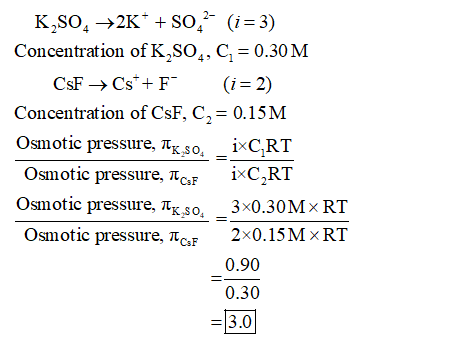 K SO, +2K* + S0,- (i=3) Concentration of K,SO,, C = 0.30 M CsF→ Cs*+F (i=2) Concentration of CsF, C = 0.15M Osmotic pressure,