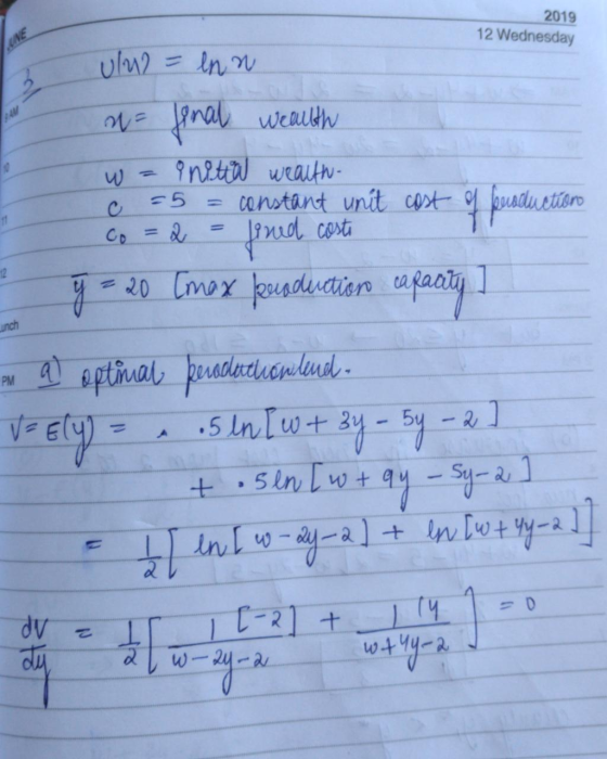 2019 12 Wednesday ulu = lnn w= final wealth wa initio wealth- c = 5 = constant unit Co = Q = lined costi cost of productions