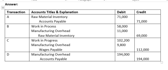 Answer: Transaction Credit Debit 71,000 71,000 58,000 11,000 Accounts Titles & Explanation Raw Material Inventory Accounts Pa