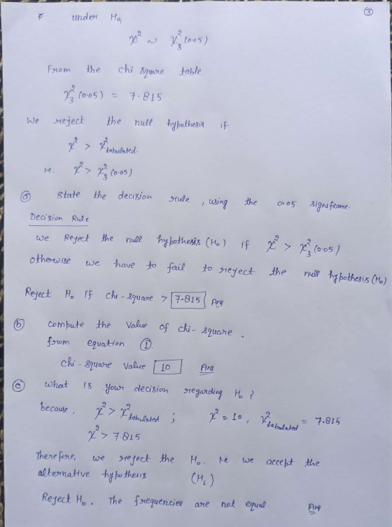 p under Ho 3 2012 vo6005) From the chi Square table VI 10:05) = (005) = 7.815 We reject the null hypothesis if tabulated le.