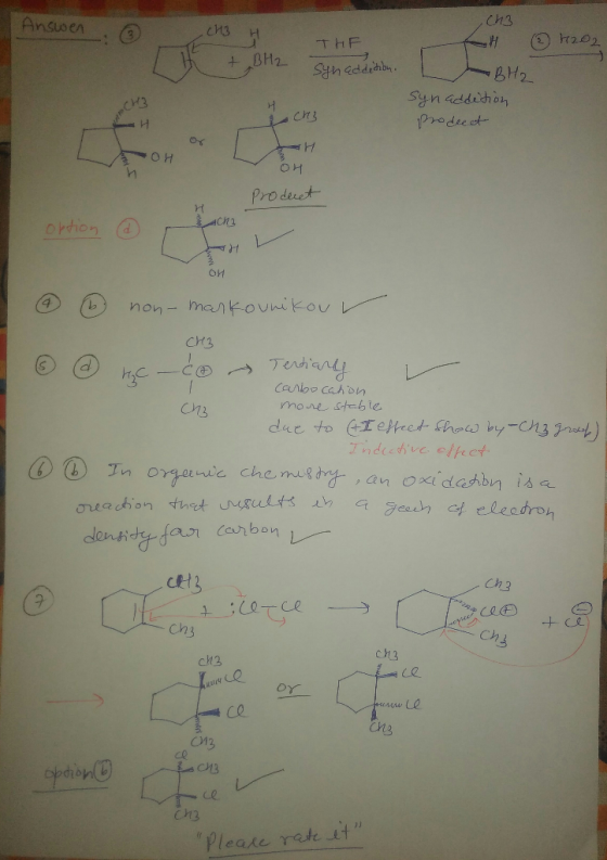 Answen ch3 ch3 H @ 12.02 + BH2 THF Syn adderibu BH₂ syn addition prodeeet OH Product option option Acha 애 non-markounikou v -