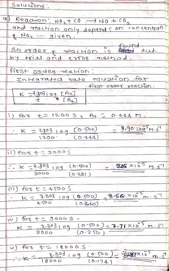 Soluions Reaction No,t C0 NO + C0, and ntachion only deptnd S o con centsaD aiyen. So OTde o y trialand eqcHon is error aut