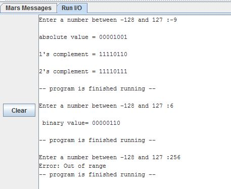 Mars Messages Run O Enter a number between-128 and 127-9 absolute value00001001 1s complement11110110 2s complement 1111011