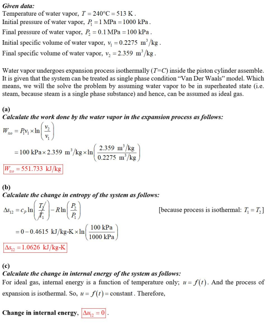 Given data: Temperature of water vapor, T = 240°C = 513 K. Initial pressure of water vapor, P, = 1 MPa = 1000 kPa. Final pres