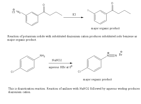 KI major organic product Reaction ofpotassium iodide with substituted diazonium cation produces substituted iodo benzene as m