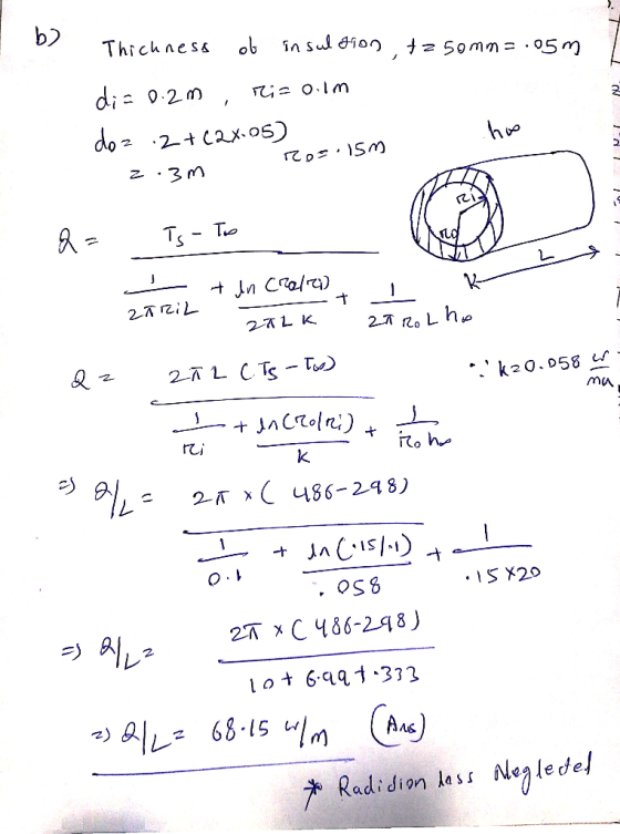 (9 Thickness of insulation tz50mm=.05m dia 0.2m, R=o.im doz 2 + (28.05) ho Rosi15m 2. 3m Q = Ts - To - ZariL + In Credra) Zal